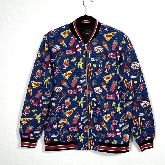 Zara Men’s Jacquard Blue Junk Food Graphic Bomber Jacket size large